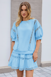 Womens Blue Lace Trim Puff Sleeve Two Piece Skirt Set Fisoew