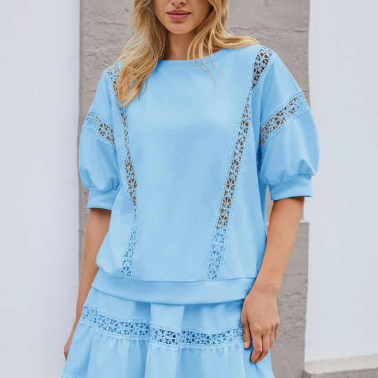 Womens Blue Lace Trim Puff Sleeve Two Piece Skirt Set Fisoew - Fisoew