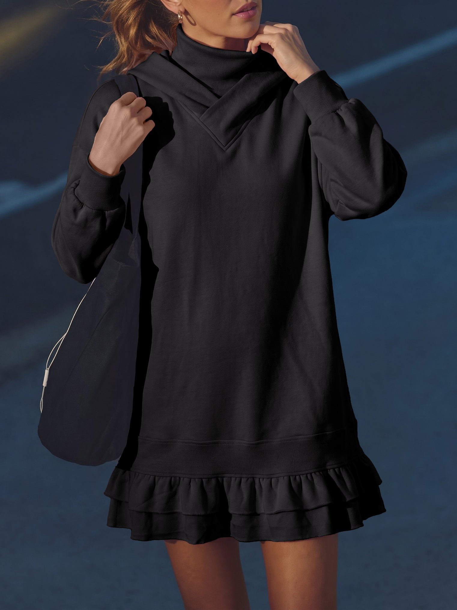 Turtleneck Hoodie Sweatshirt Mini Dresses - Fisoew