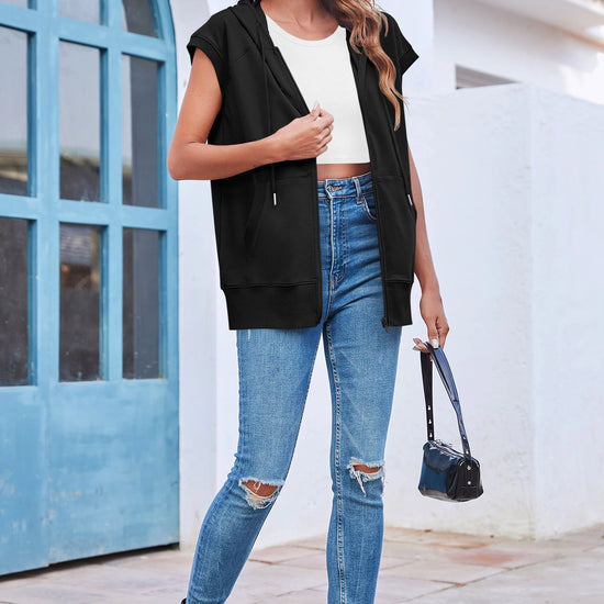 Fisoew Women's Black Sleeveless Zip Up Hoodies - Fisoew
