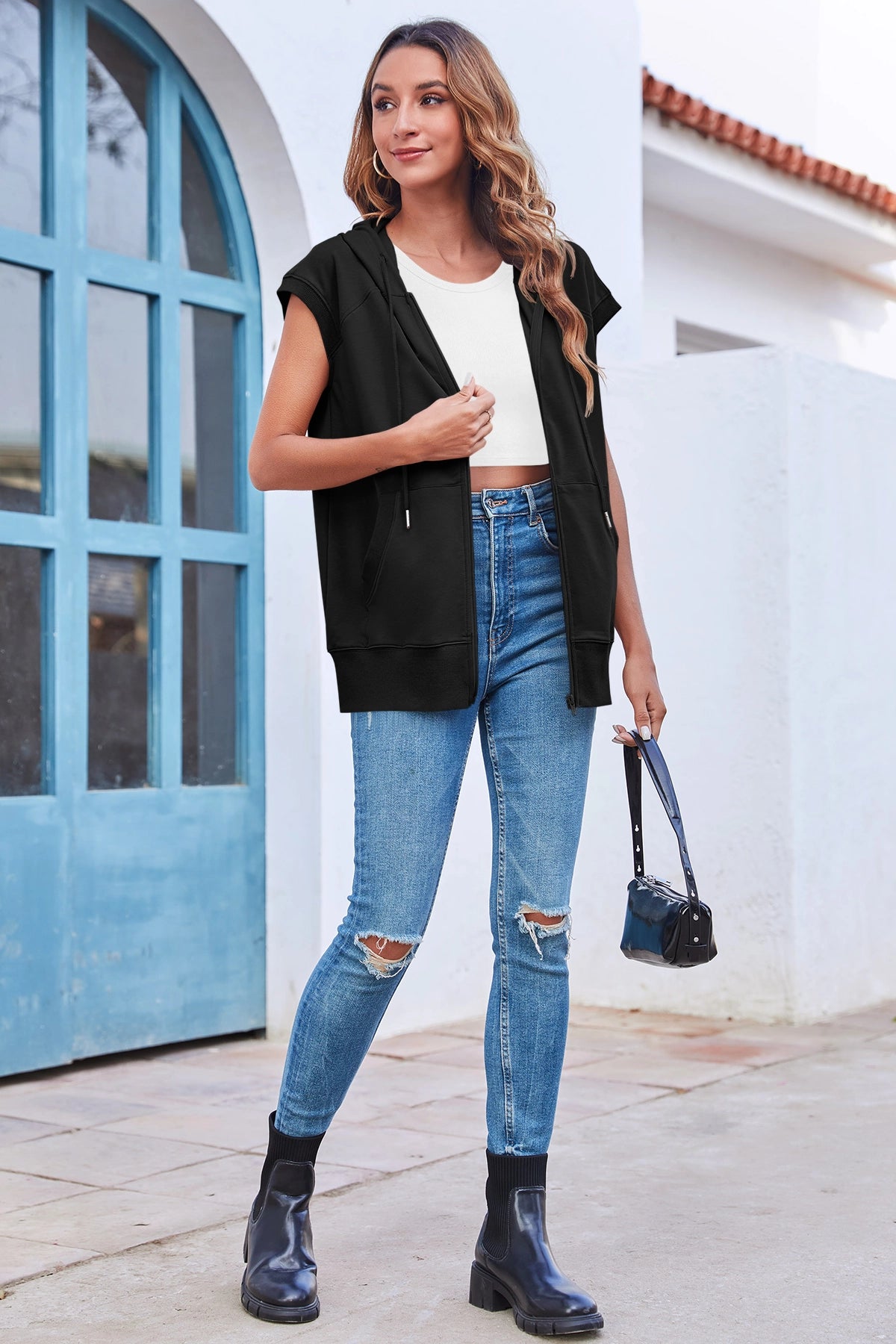 Fisoew Women's Black Sleeveless Zip Up Hoodies - Fisoew