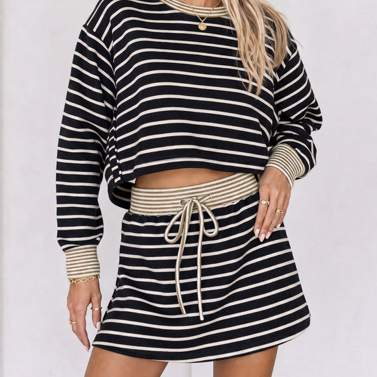Striped Long Sleeve Crop Tops With Skort Sets - Fisoew