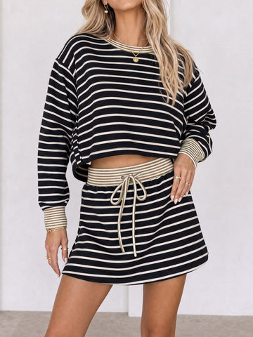Striped Long Sleeve Crop Tops With Skort Sets - Fisoew