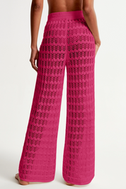 Fisoew Women‘s Rose Red Crochet Sheer Mesh Cover Up Pants - Fisoew