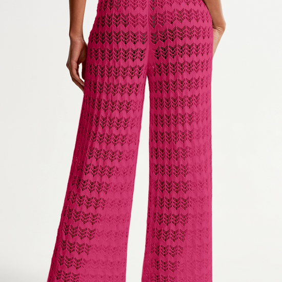 Fisoew Women‘s Rose Red Crochet Sheer Mesh Cover Up Pants - Fisoew