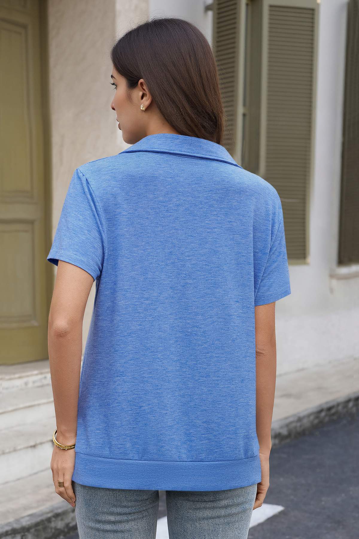 Fisoew Women's Blue Short Sleeve Polo Shirts - Fisoew