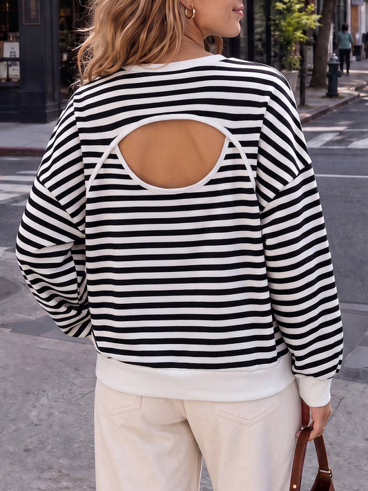 Round Neck Striped Long Sleeve Sweatshirts - Fisoew
