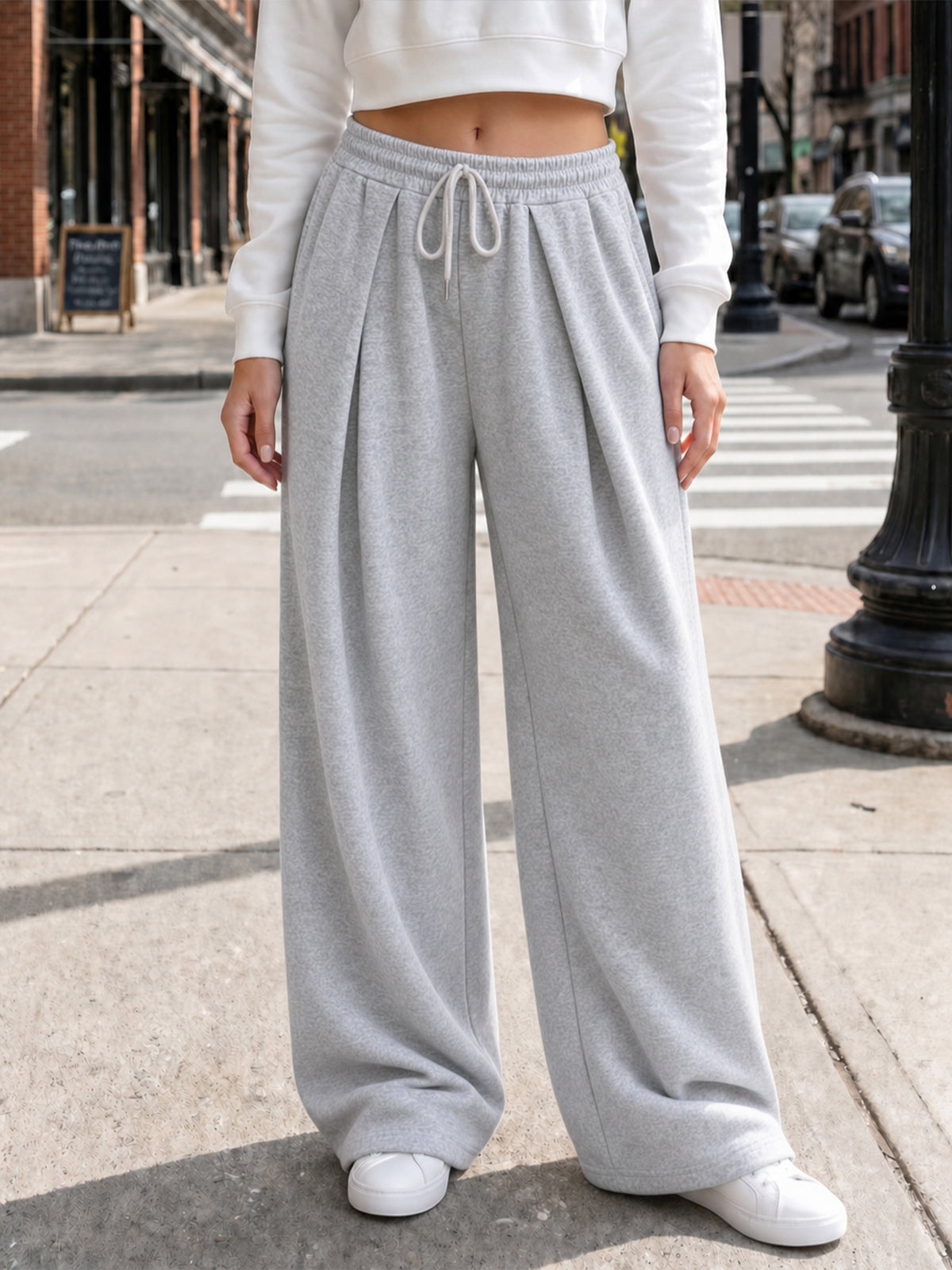 Solid Wide Leg High Waist Pants - Fisoew