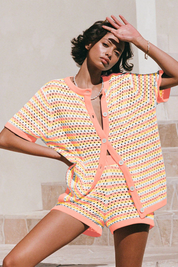 Fisoew Women's Orange Crochet Striped Knit Swimsuit 2-Piece Set