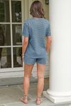 Womens Dark Blue Striped Knit 2-Piece Short Sleeve Loungewear Set Fisoew - Fisoew
