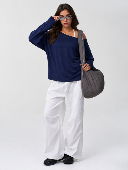 Off Shoulder Solid Long Sleeve T-Shirts