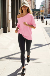 Fisoew Women's Pink Off The Shoulder Tops Oversized  T-Shirts - Fisoew
