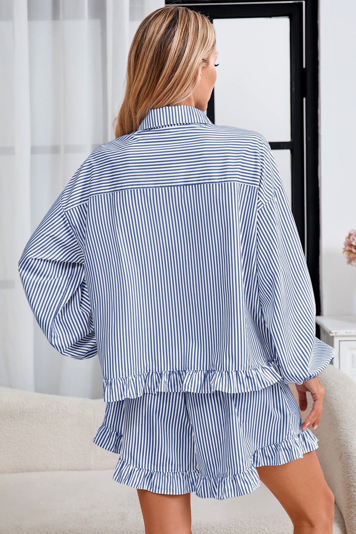 Womens Dark Blue Stripe 2Pcs Shorts Loungewear  Fisoew - Fisoew