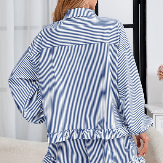 Womens Dark Blue Stripe 2Pcs Shorts Loungewear  Fisoew - Fisoew
