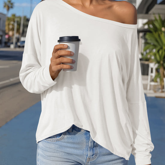 Off Shoulder Solid Long Sleeve T-Shirts - Fisoew