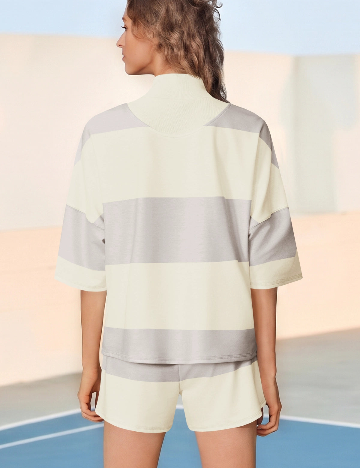 Womens Apricot 2 Piece Outfits Striped Sets Fisoew - Fisoew