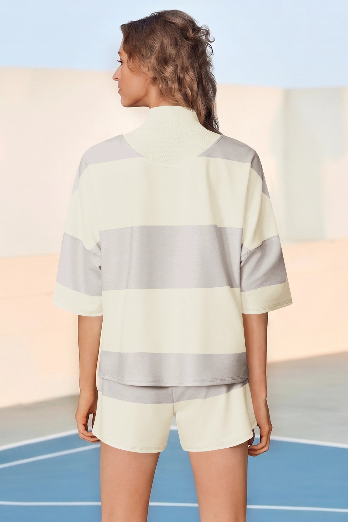Womens Apricot 2 Piece Outfits Striped Sets Fisoew
