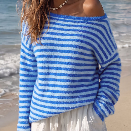 Off Shoulder Striped Knit Pullover - Fisoew