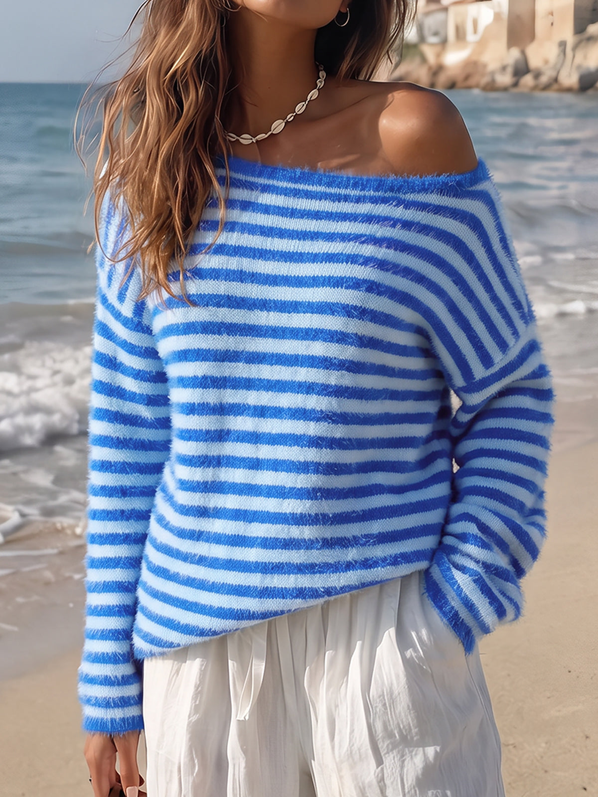 Off Shoulder Striped Knit Pullover - Fisoew