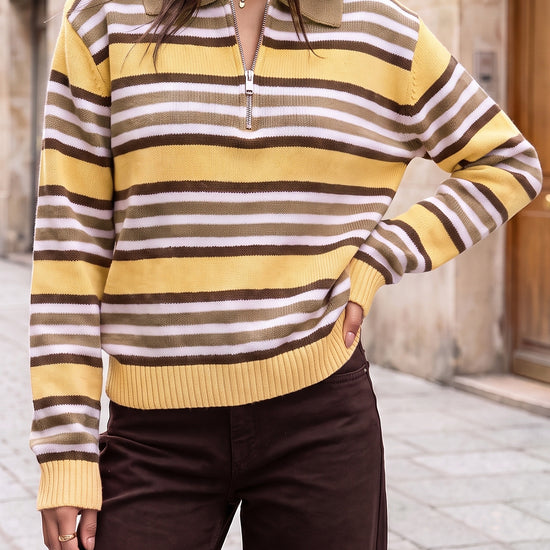 Quarter Zip Striped Long Sleeve Pullover - Fisoew
