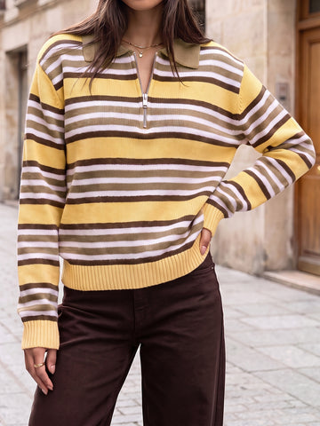 Quarter Zip Striped Long Sleeve Pullover - Fisoew
