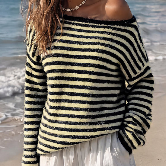 Off Shoulder Striped Knit Pullover - Fisoew