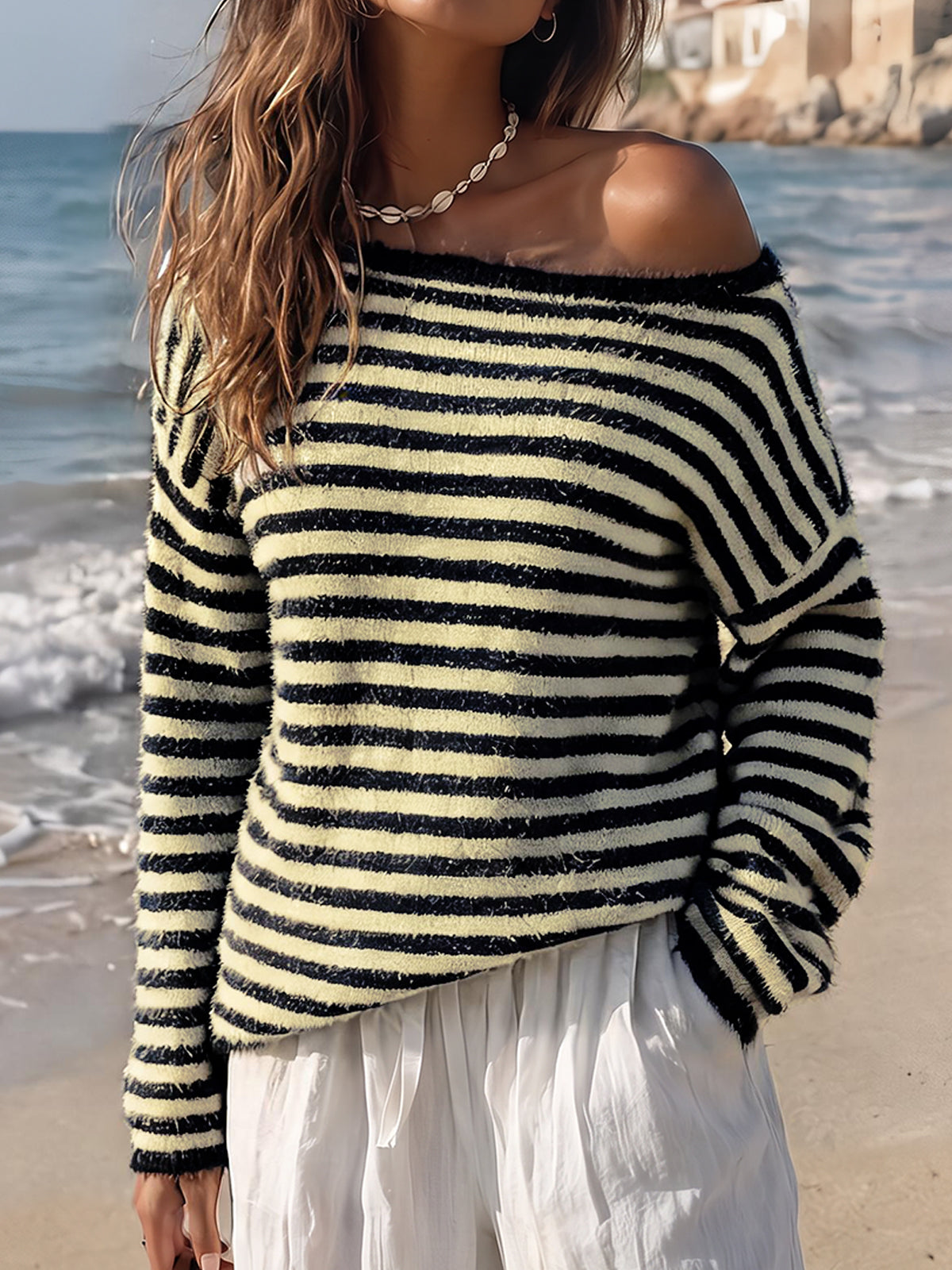 Off Shoulder Striped Knit Pullover - Fisoew