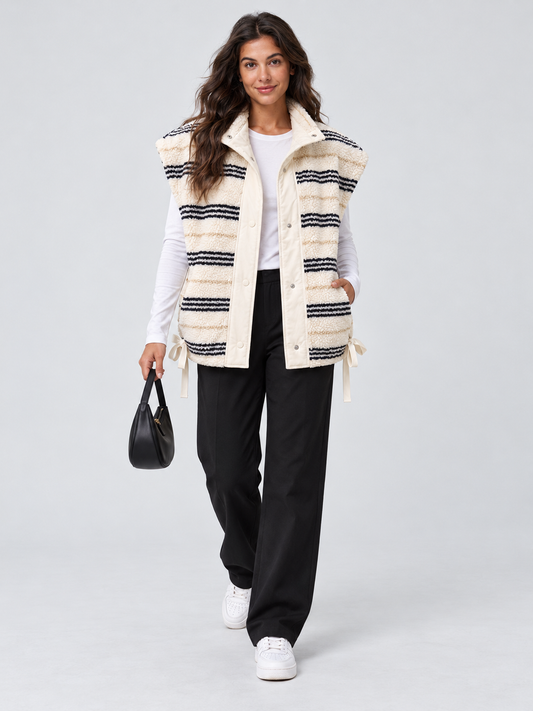 Fuzzy Fleece Striped Sleeveless Sherpa Vests