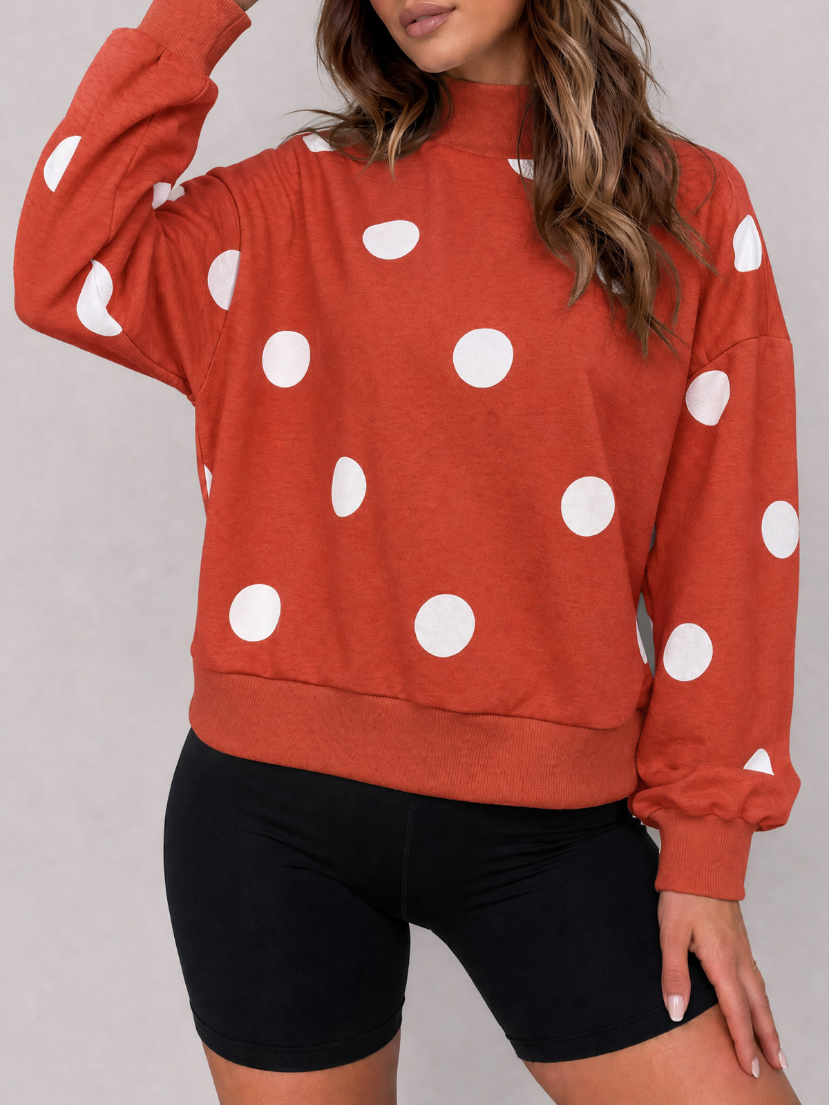 Mock Neck Long Sleeve Polka Dot Sweatshirts - Fisoew
