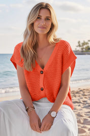 Fisoew Women's Orange Short Sleeve Crochet Cardigans Sweater Cover Ups - Fisoew