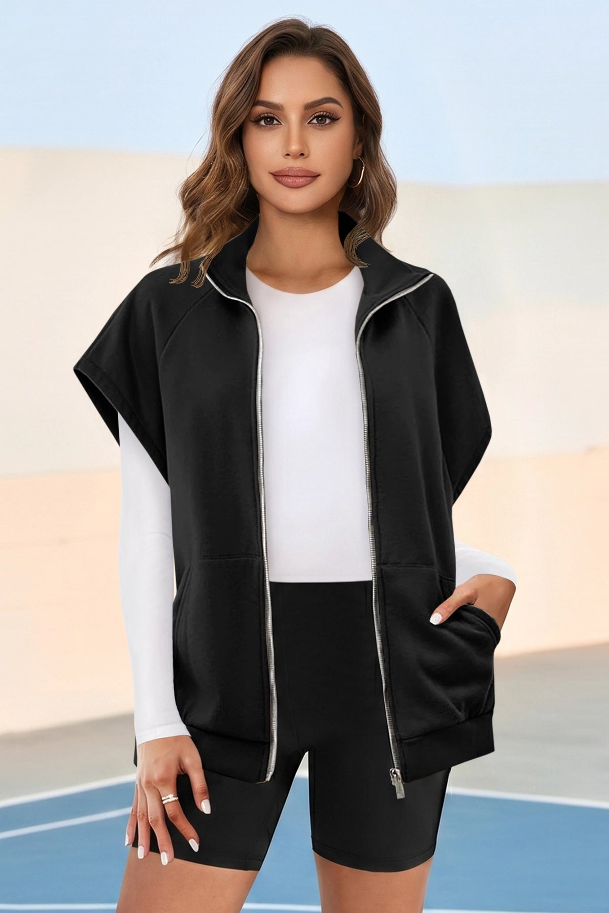 Fisoew Women's Black Zip Up Sleeveless Sweatshirts - Fisoew