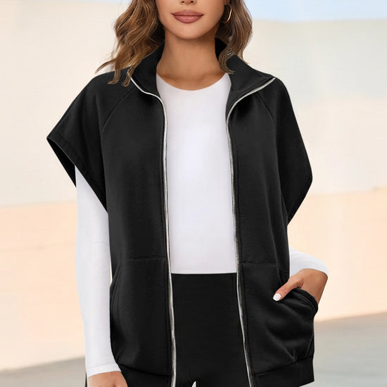 Fisoew Women's Black Zip Up Sleeveless Sweatshirts - Fisoew