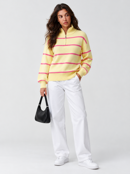 Zip Striped Oversized Turtleneck Pullover Top