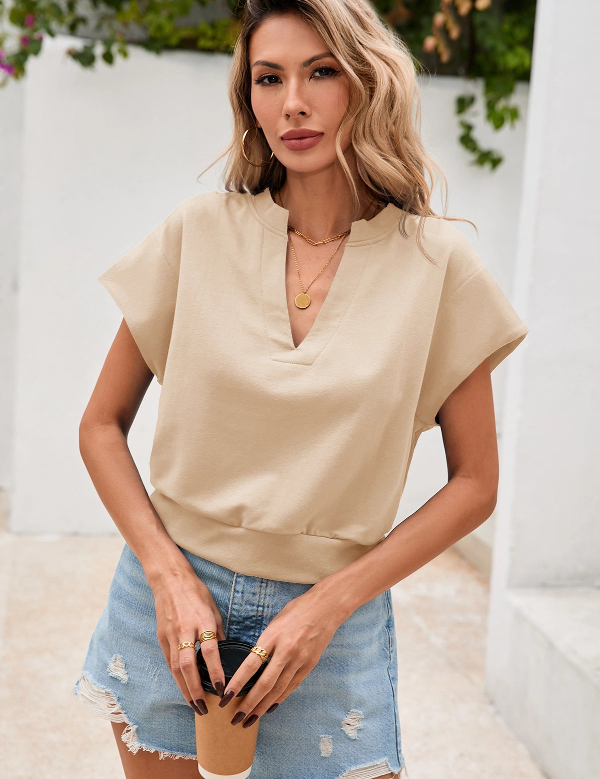 Fisoew Women's Light Khaki V Neck Cap Sleeve Casual Loose Fit T Shirts - Fisoew