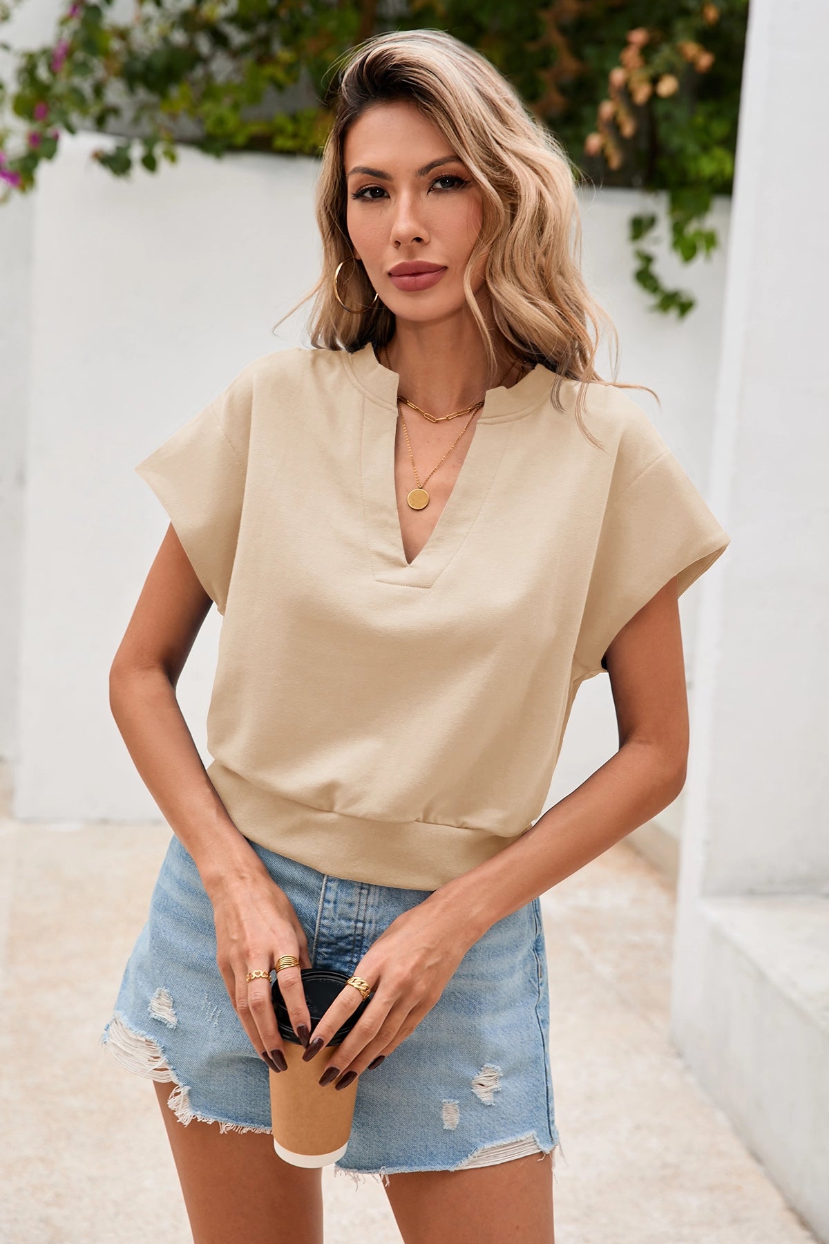 Fisoew Women's Light Khaki V Neck Cap Sleeve Casual Loose Fit T Shirts - Fisoew