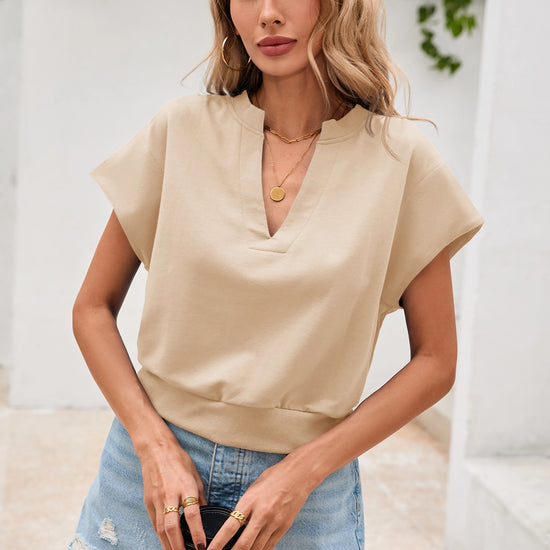 Fisoew Women's Light Khaki V Neck Cap Sleeve Casual Loose Fit T Shirts - Fisoew