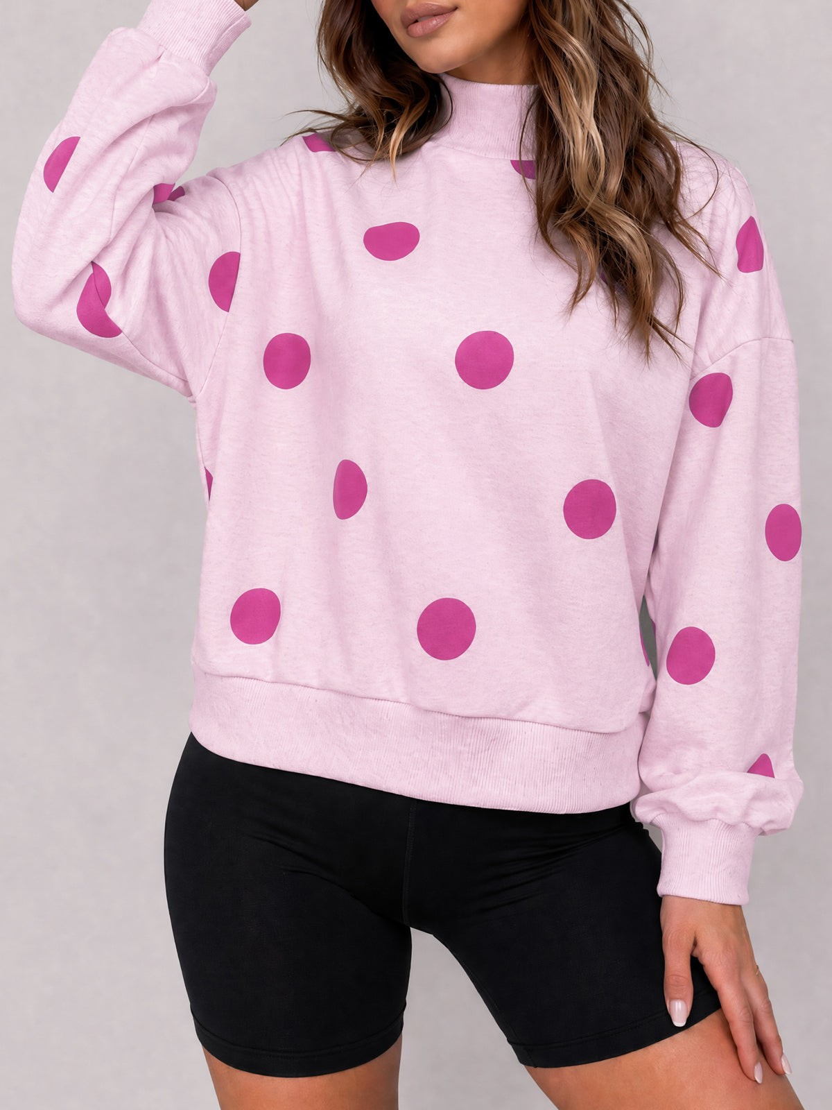 Mock Neck Long Sleeve Polka Dot Sweatshirts - Fisoew