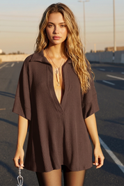 Fisoew Women's Brown Oversized Deep V Neck Sweatshirts