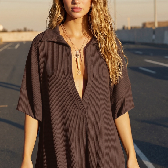 Fisoew Women's Brown Oversized Deep V Neck Sweatshirts - Fisoew