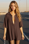 Fisoew Women's Brown Oversized Deep V Neck Sweatshirts - Fisoew