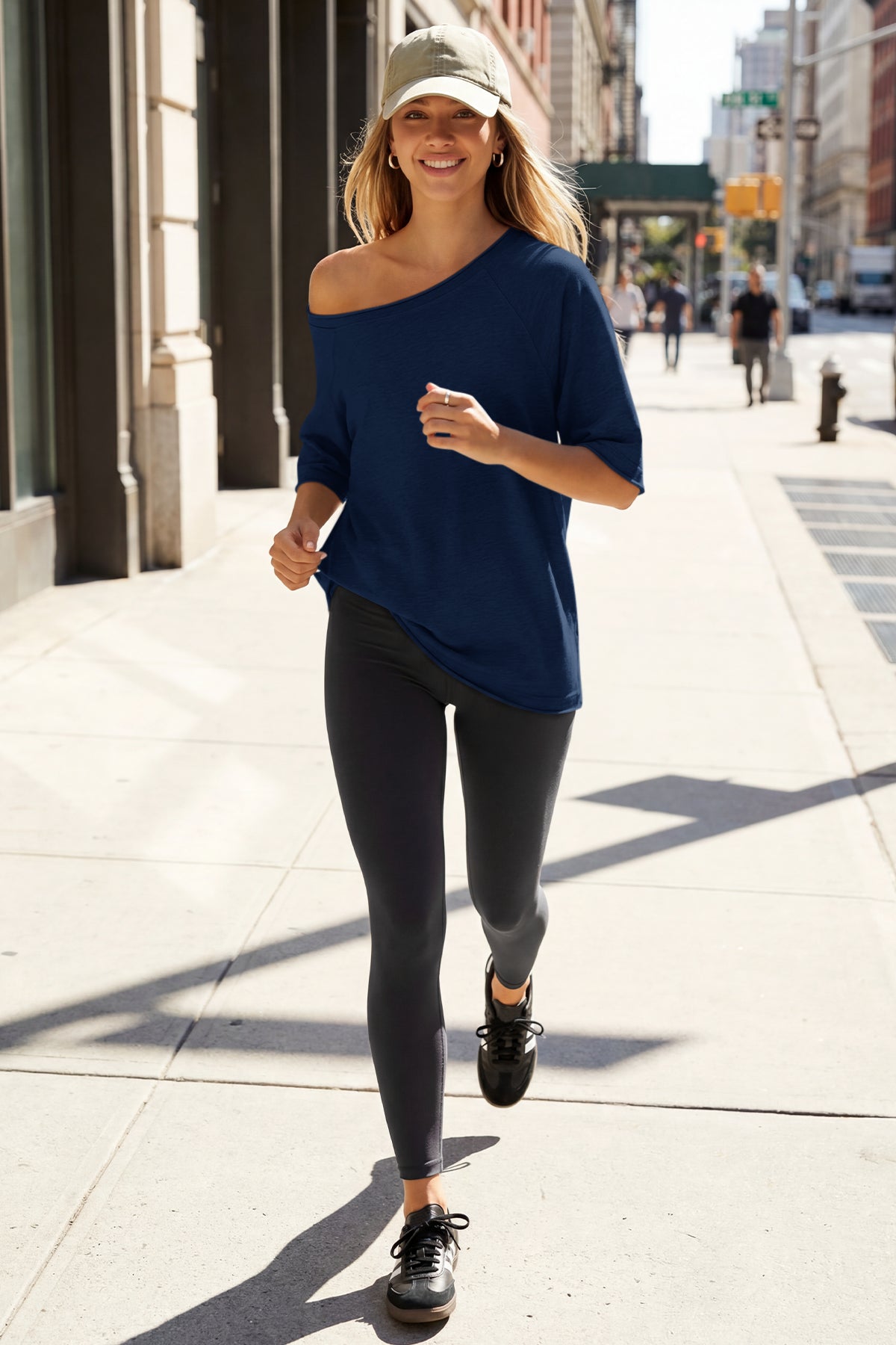 Fisoew Women's  Navy Off The Shoulder Tops Oversized  T-Shirts - Fisoew