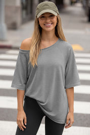 Fisoew Women's Grey Off The Shoulder Tops Oversized  T-Shirts - Fisoew