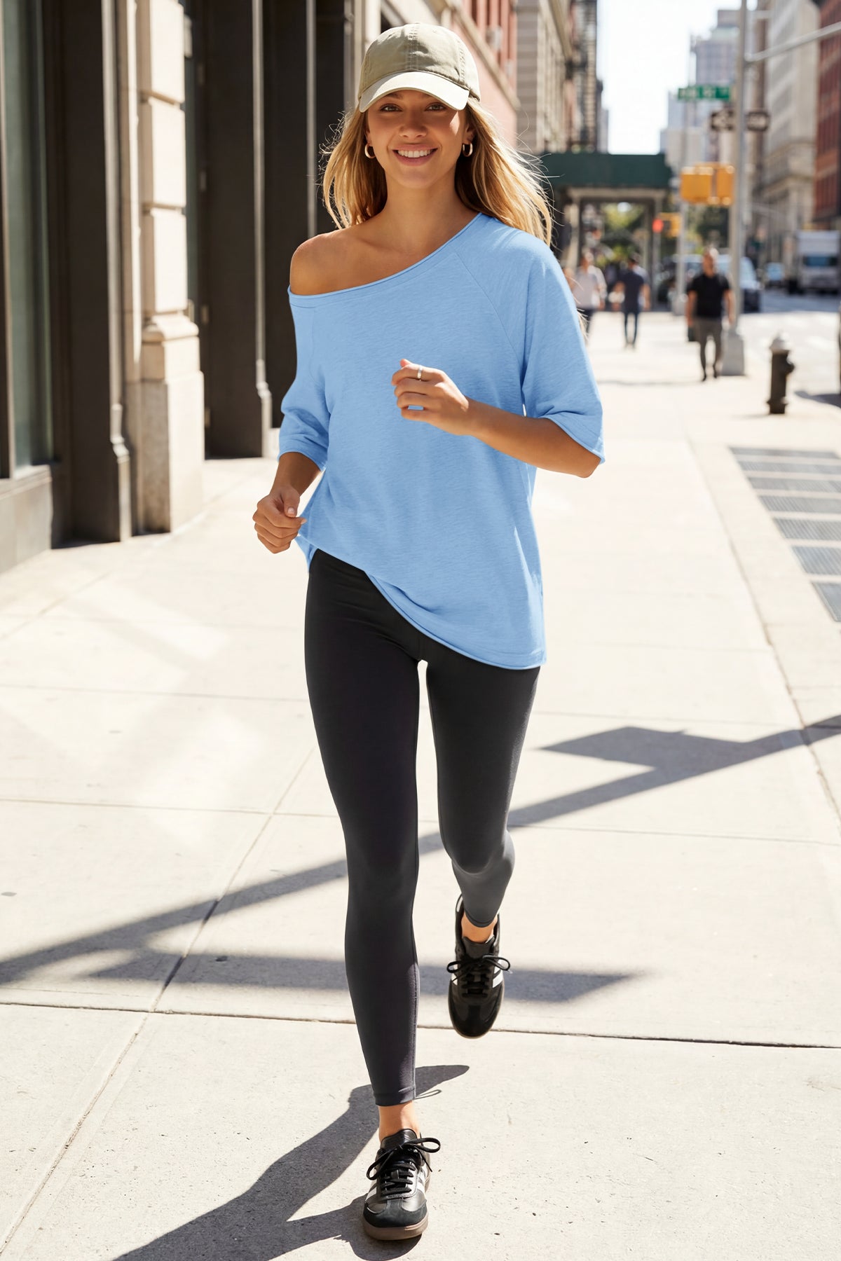 Fisoew Women's Sky Blue Off The Shoulder Tops Oversized  T-Shirts - Fisoew