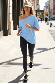 Fisoew Women's Sky Blue Off The Shoulder Tops Oversized  T-Shirts - Fisoew