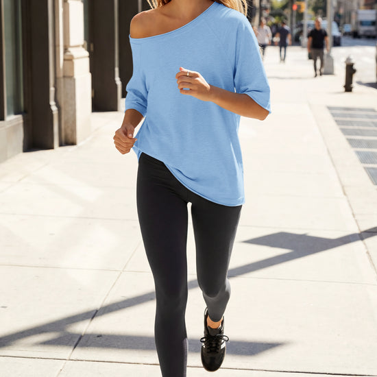 Fisoew Women's Sky Blue Off The Shoulder Tops Oversized  T-Shirts - Fisoew