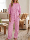 Striped Long Sleeve Top With Wide Leg Pants Set - Fisoew
