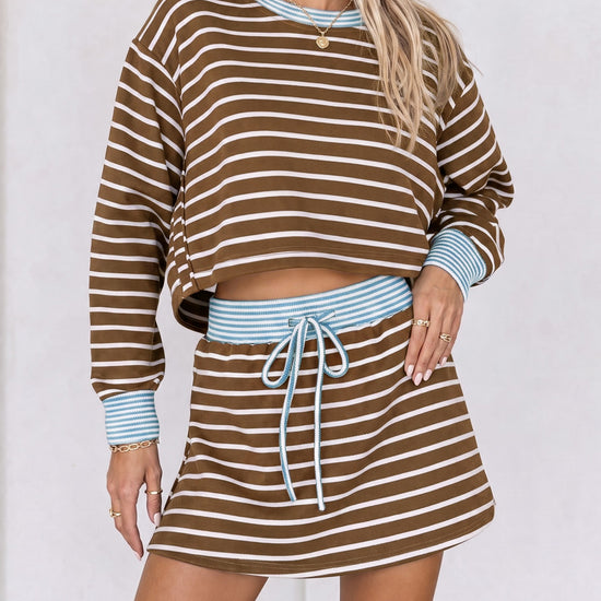 Striped Long Sleeve Crop Tops With Skort Sets - Fisoew
