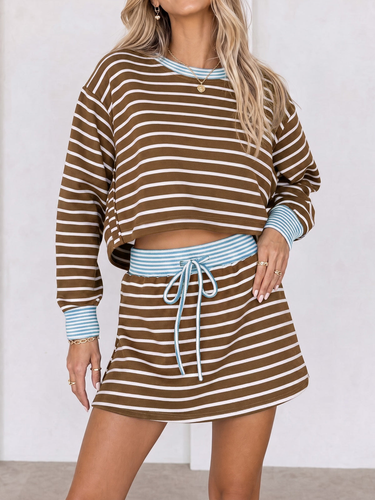 Striped Long Sleeve Crop Tops With Skort Sets - Fisoew