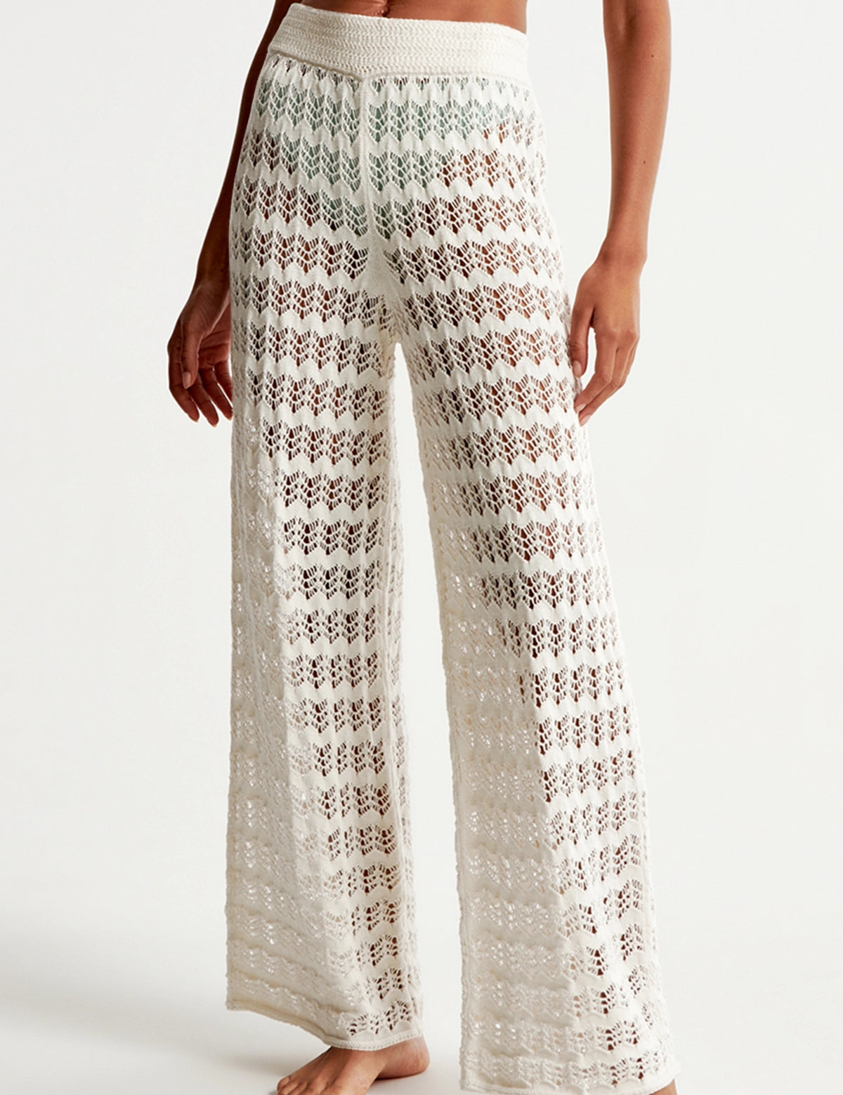 Fisoew Women‘s White Crochet Sheer Mesh Cover Up Pants - Fisoew