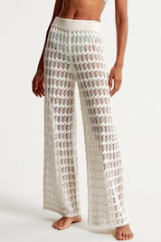 Fisoew Women‘s White Crochet Sheer Mesh Cover Up Pants - Fisoew